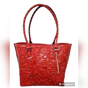 Patricia Nash Red Adeline Embossed Leather Tote